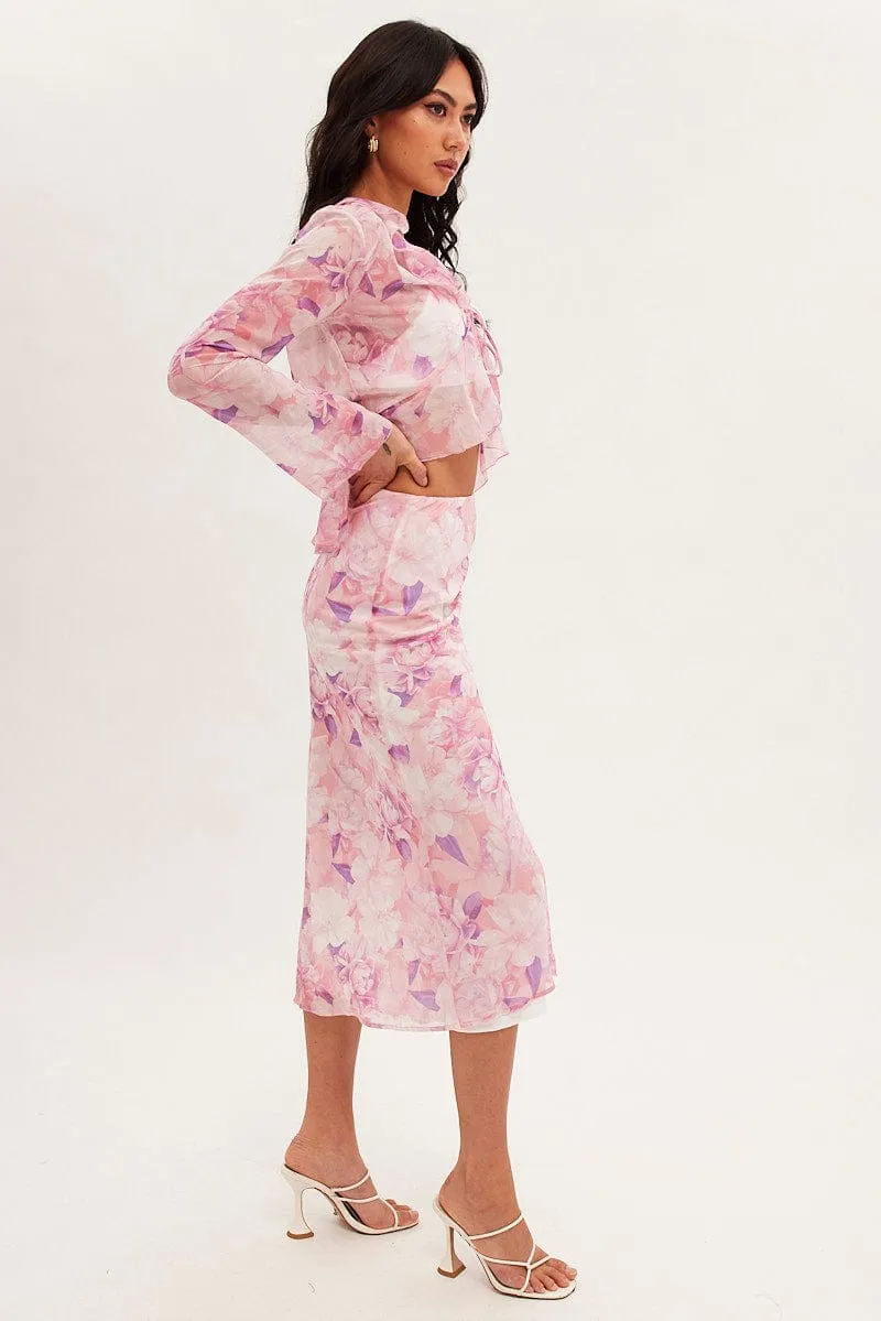 Adjustable Fastening Pink Floral Midi Skirt Floral Printed Chiffon