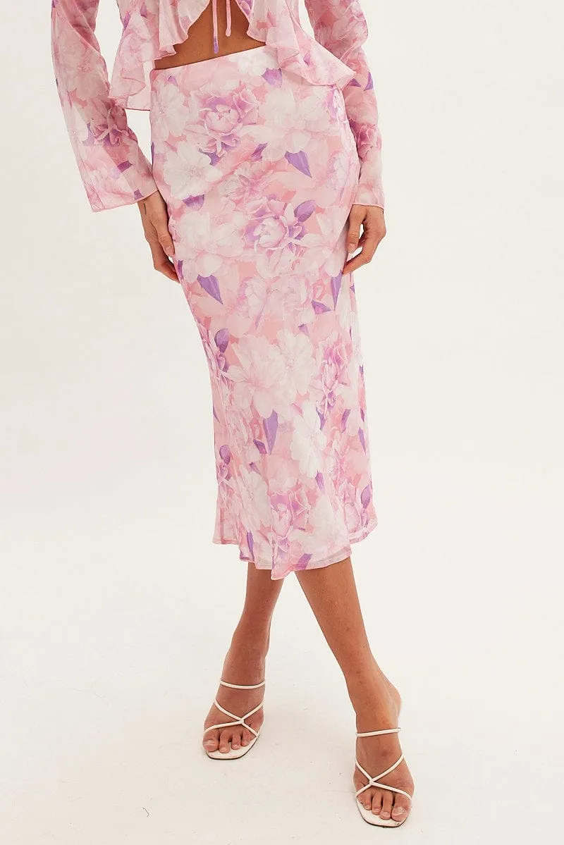 Pink Floral Midi Skirt Floral Printed Chiffon Fashion Fusion