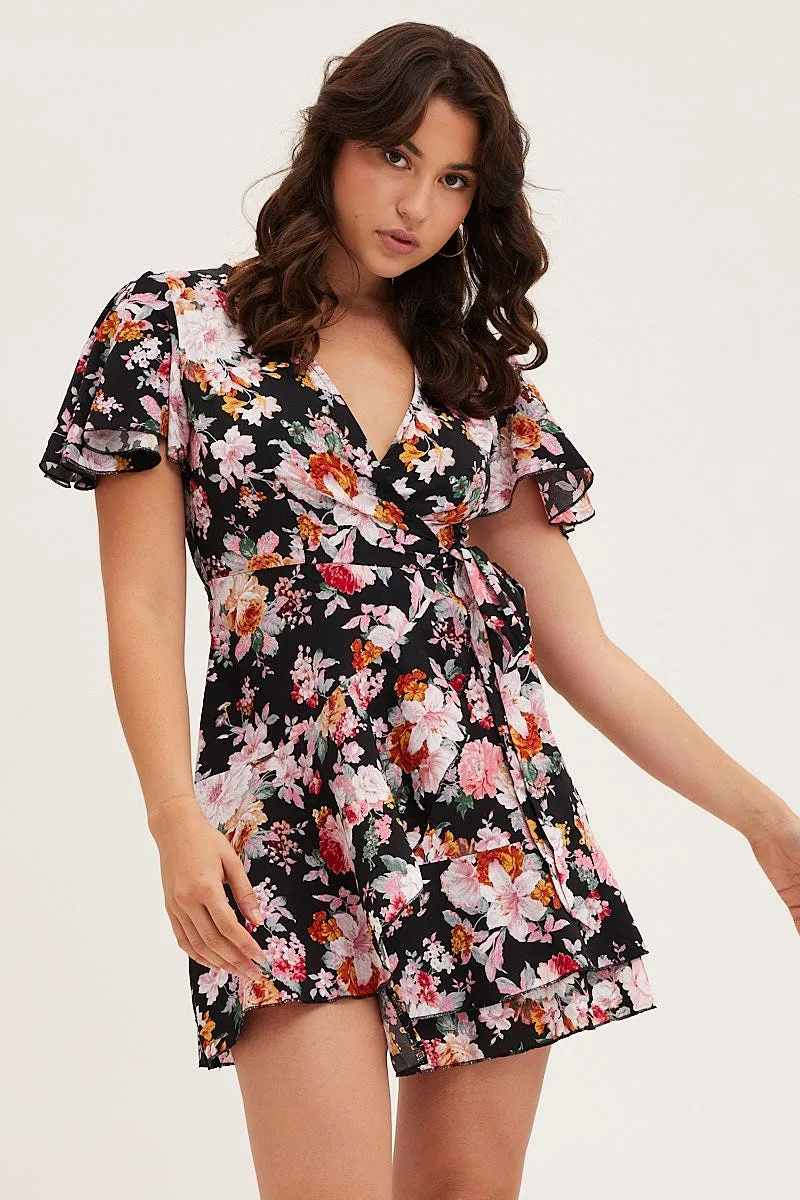Black Floral Wrap Mini Dress Show Glow Flexible Knit Structure