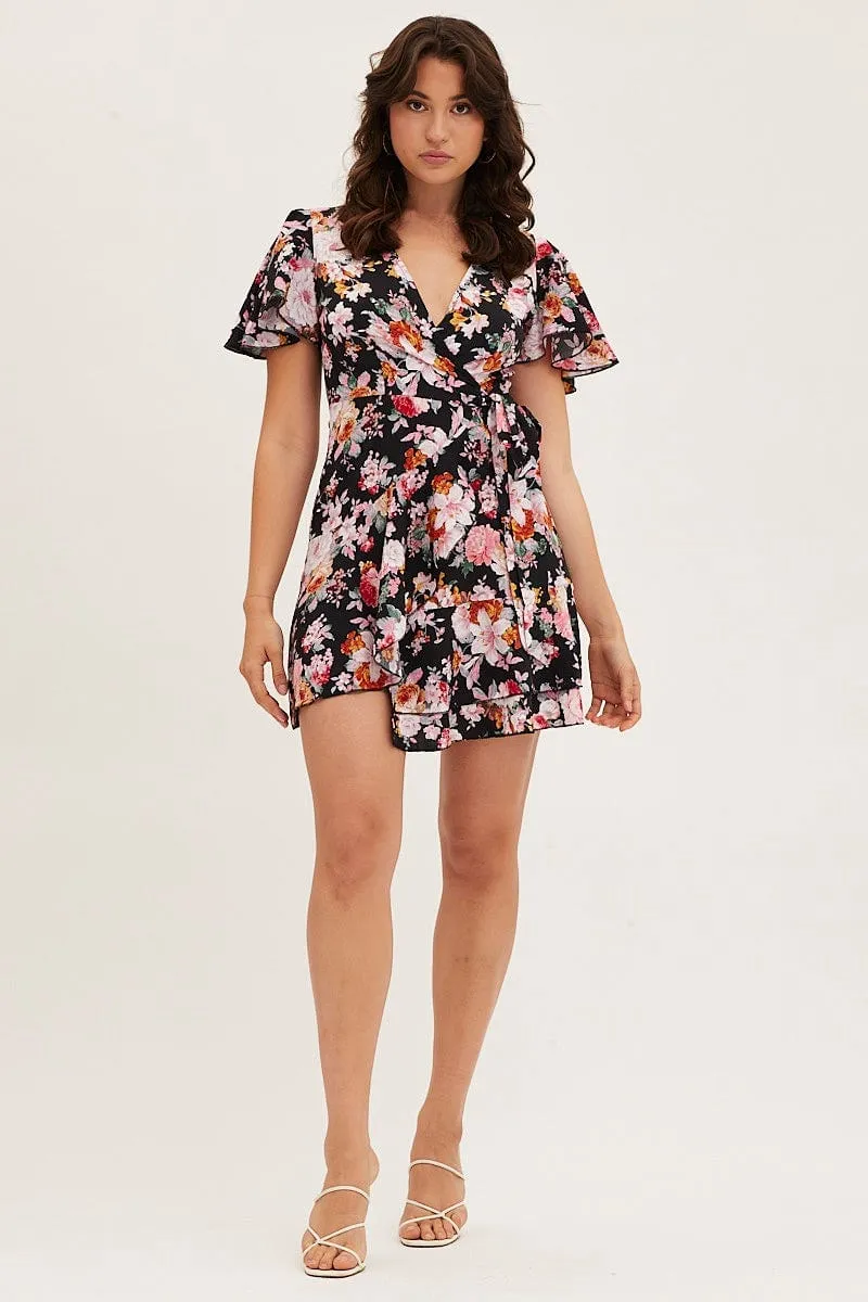 Stylish mini with ruffles Black Floral Wrap Mini Dress