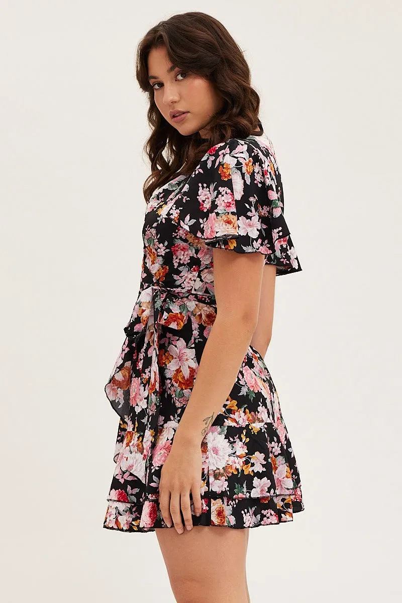 Black Floral Wrap Mini Dress Sheer Glam Bar Pop