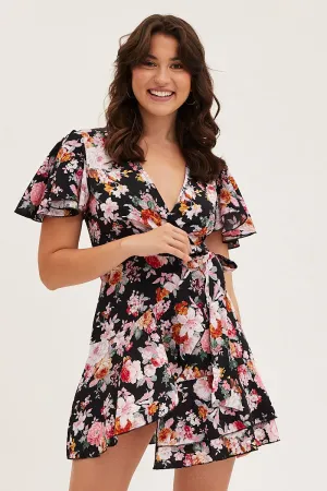 Scene Mood Stage Warm Black Floral Wrap Mini Dress
