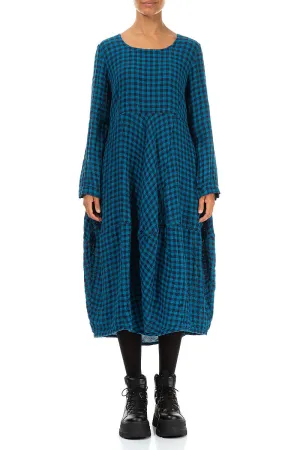 Wind Ease Reinforced Stitching Balloon Blue Check Linen Dress
