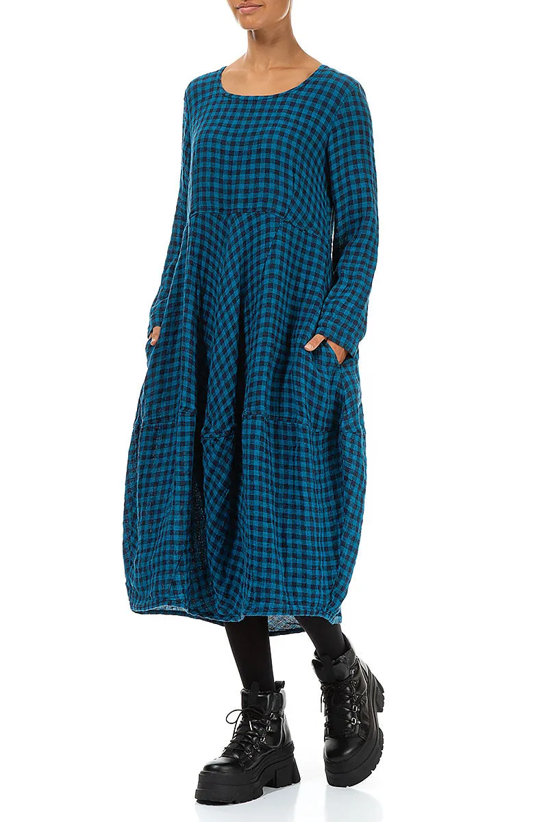 Quiet Core Global Edge Balloon Blue Check Linen Dress
