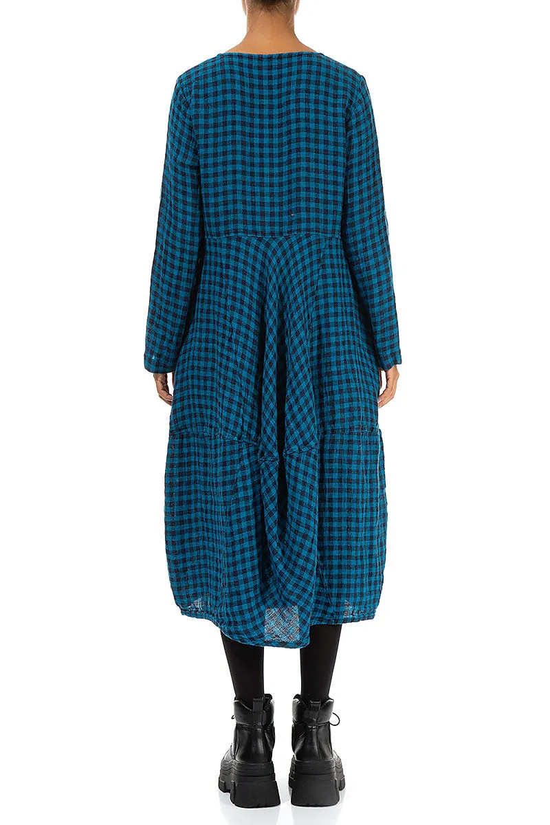 Summer Wear SeamFreeEngineering Balloon Blue Check Linen Dress