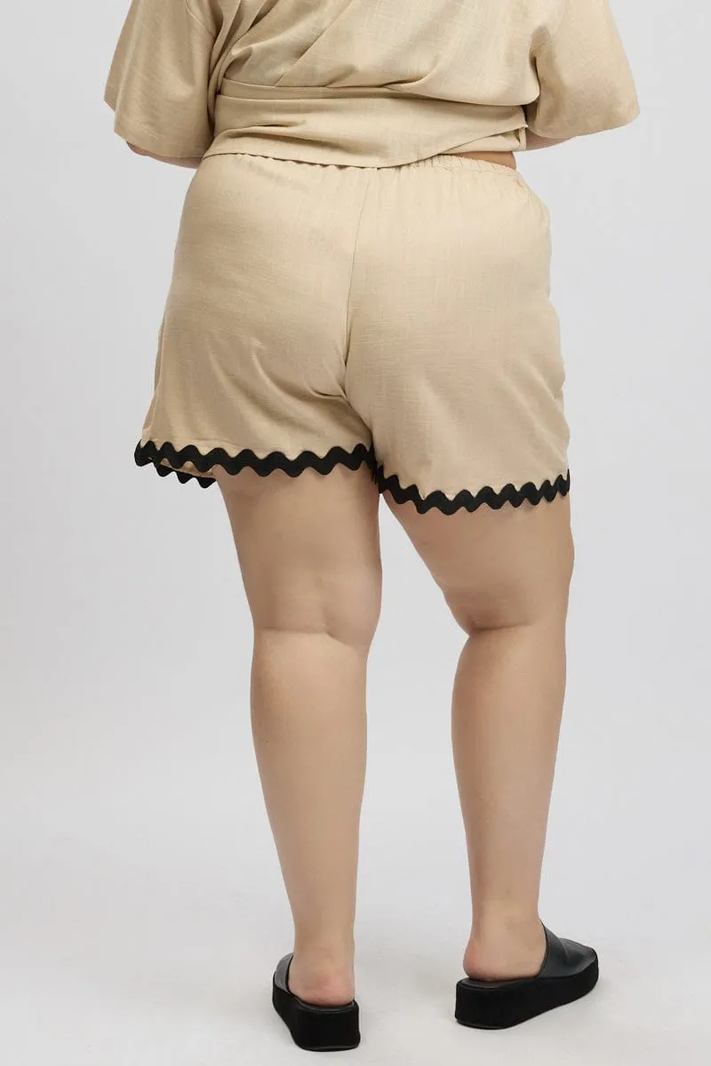 Beige Ric Rac Trim Linen Blend Shorts QuickAccess Pockets