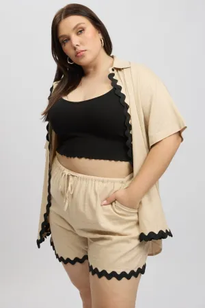 Beige Ric Rac Trim Linen Blend Shorts AbrasionFree Edging
