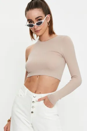 Focus Fit Casual Fit Beige Seamless One Shoulder Basic Top