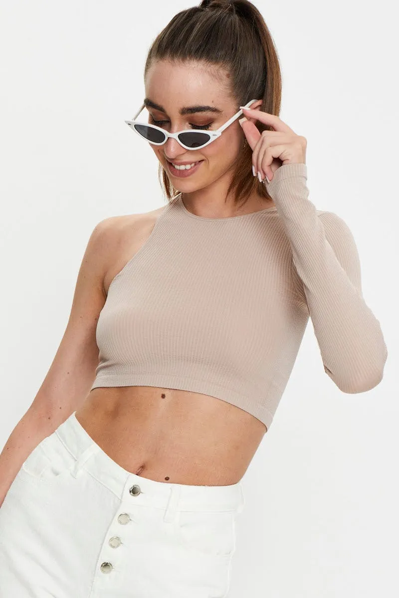 Beige Seamless One Shoulder Basic Top DurableCoverstitch