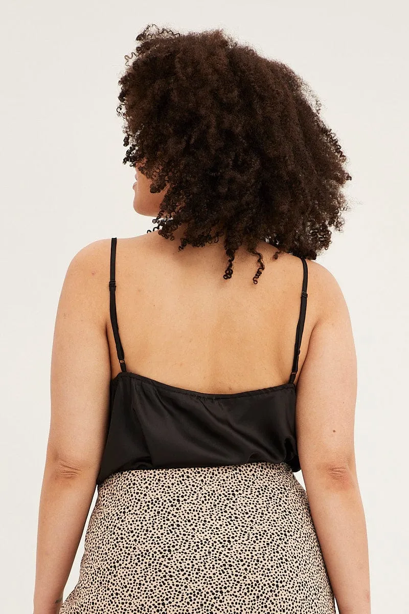 wrinkle free Black Satin Cowl Neck Singlet Bodysuit