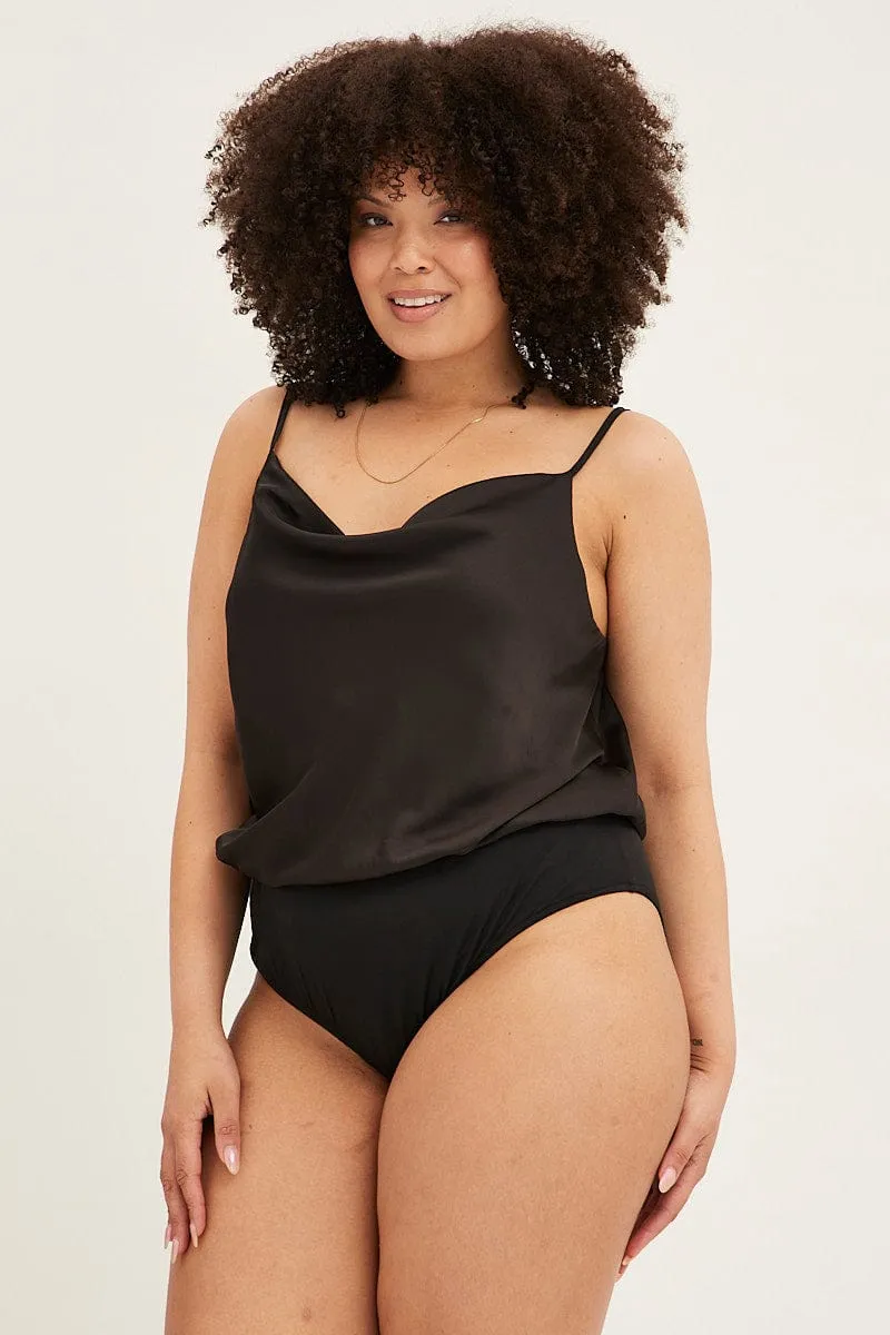 Romance Fit Black Satin Cowl Neck Singlet Bodysuit