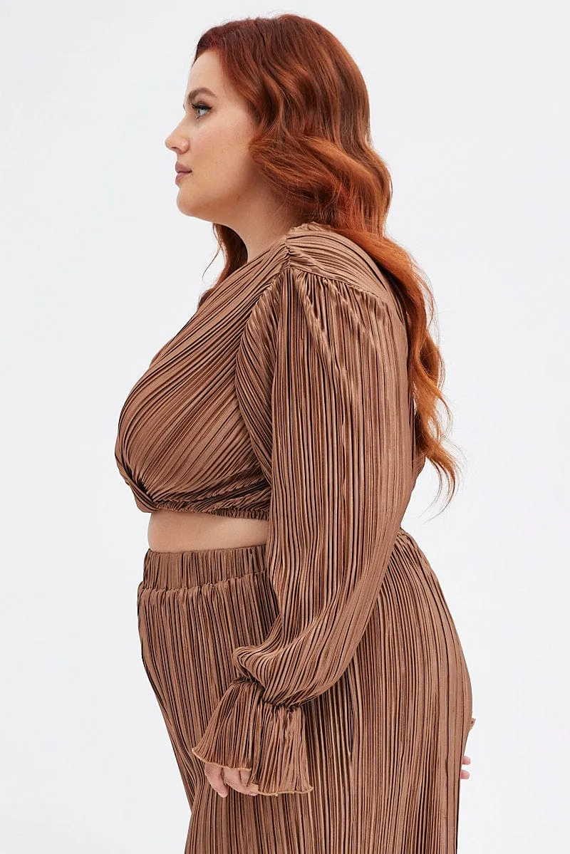 Comfortable Sweater FlexibleNeckline Brown Wrap Top Long Sleeve Crop Plisse