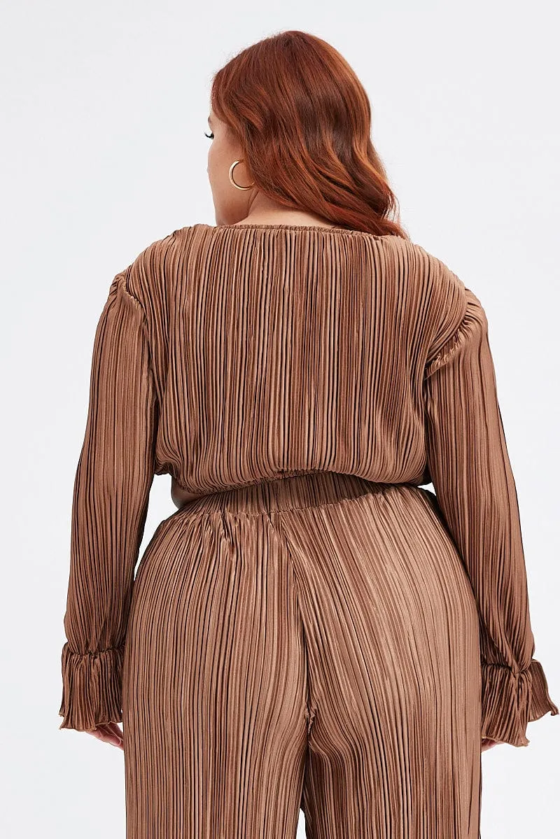 SmoothZipper Brown Wrap Top Long Sleeve Crop Plisse