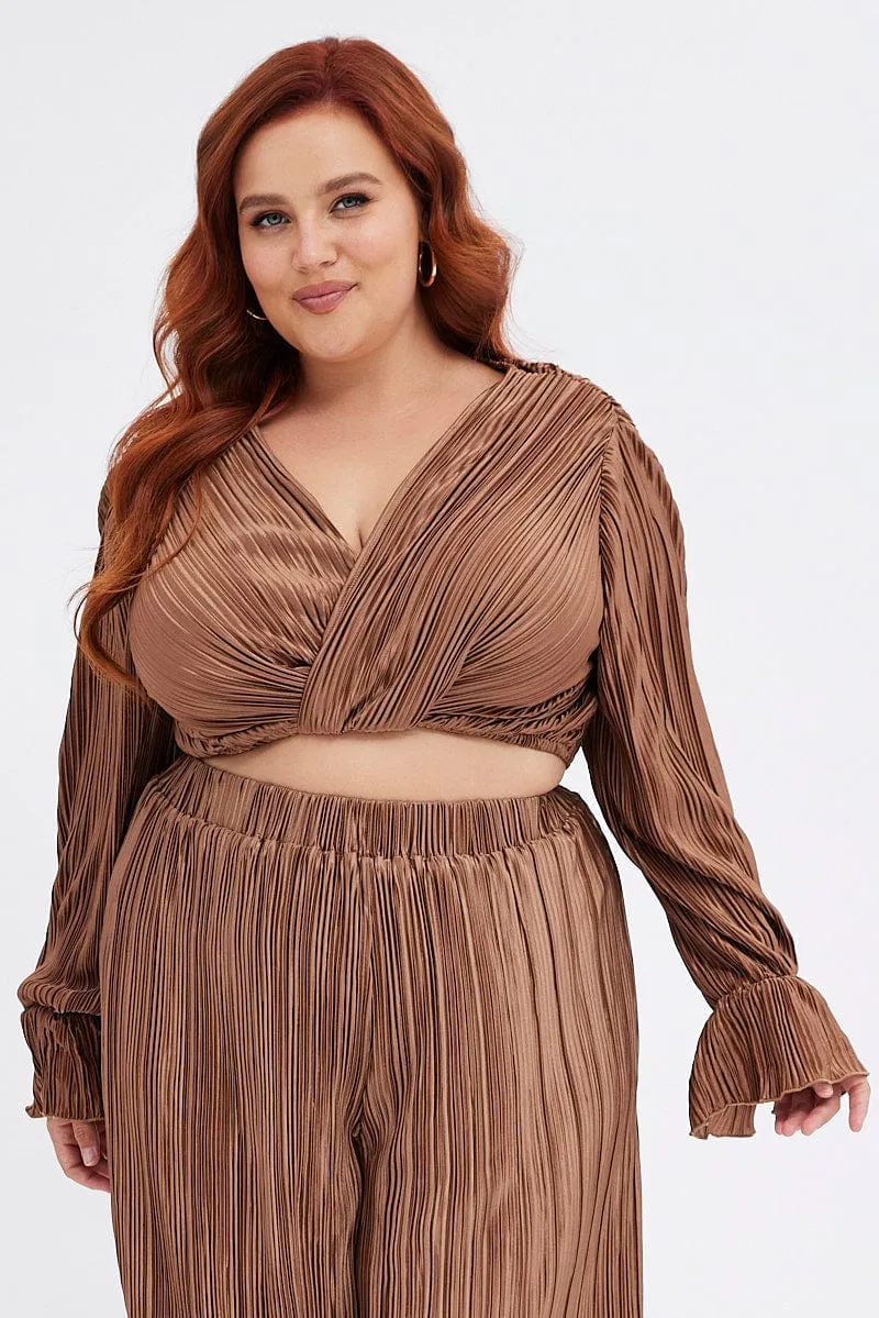 WrinkleFreeTexture Brown Wrap Top Long Sleeve Crop Plisse