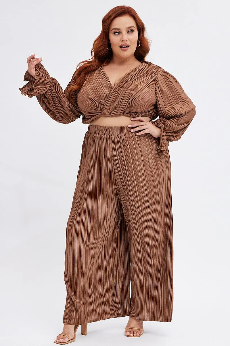 ZeroRestrictionMobility Stylish Dress Brown Wrap Top Long Sleeve Crop Plisse