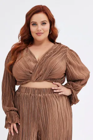 Functional Fashion Brown Wrap Top Long Sleeve Crop Plisse