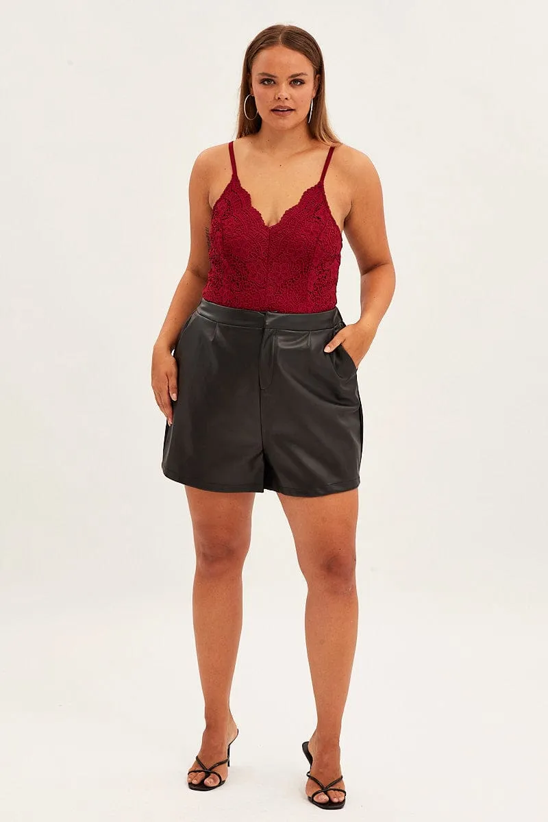 Classic Hoodie Red Bodysuit V Scalloped Neck Strappy Lace