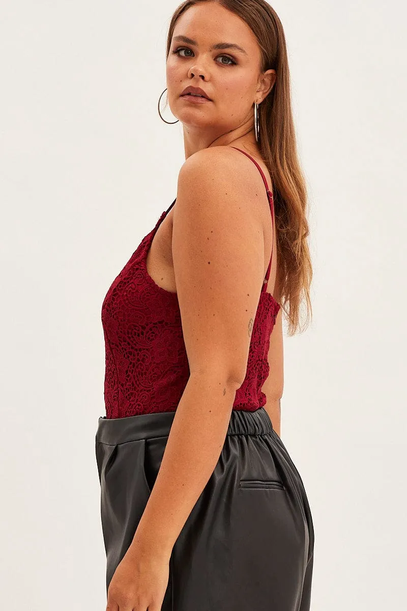 Red Bodysuit V Scalloped Neck Strappy Lace Stylish Bottom