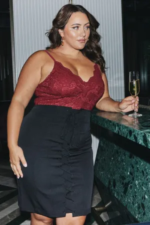 Red Bodysuit V Scalloped Neck Strappy Lace CompactPackaging Light Fabric