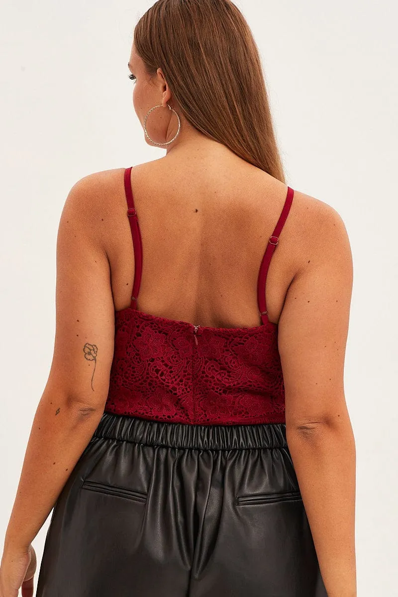 Red Bodysuit V Scalloped Neck Strappy Lace Peace Flow