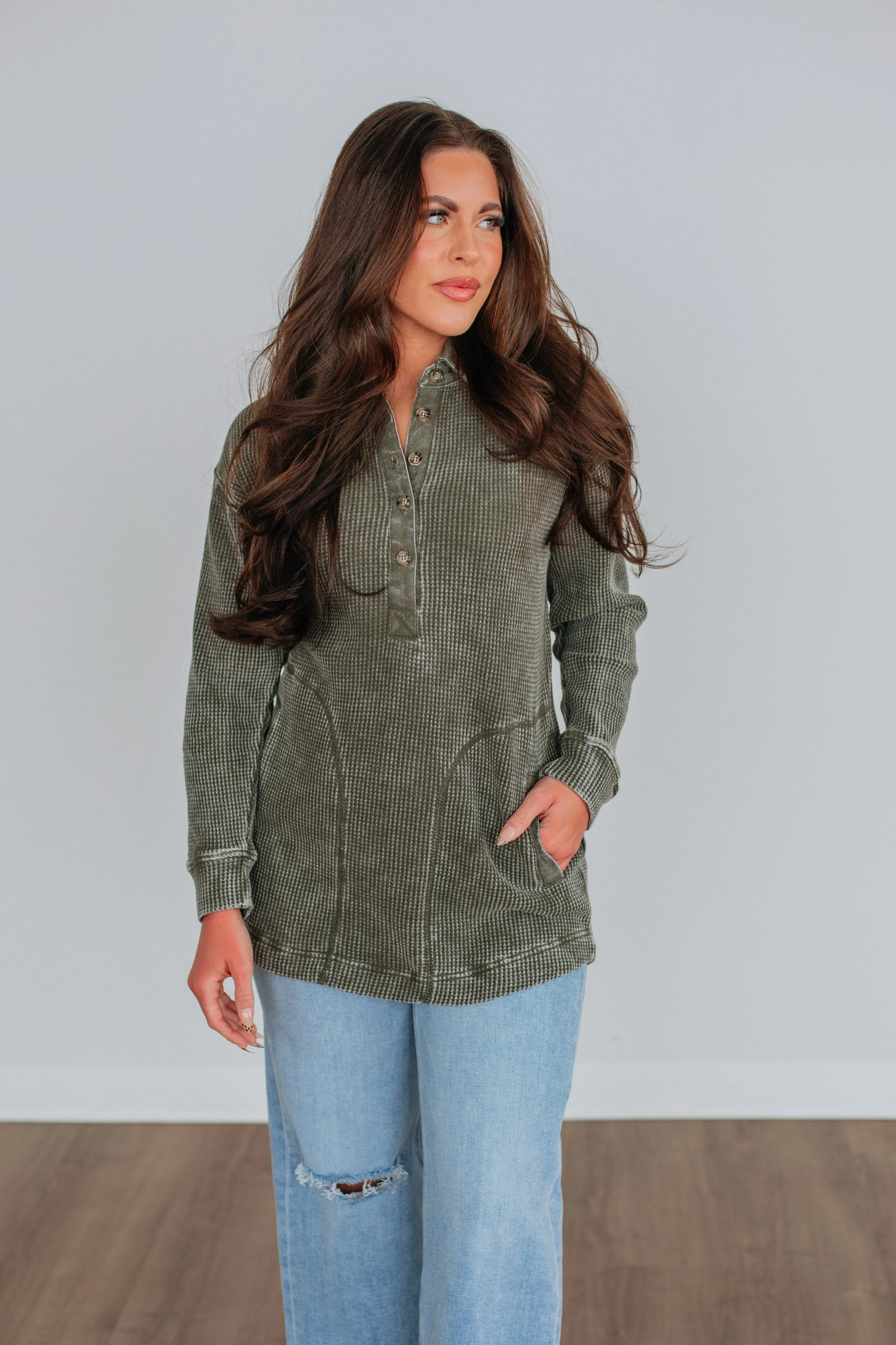 Casual Styling Sallie Waffle Knit Top - Moss