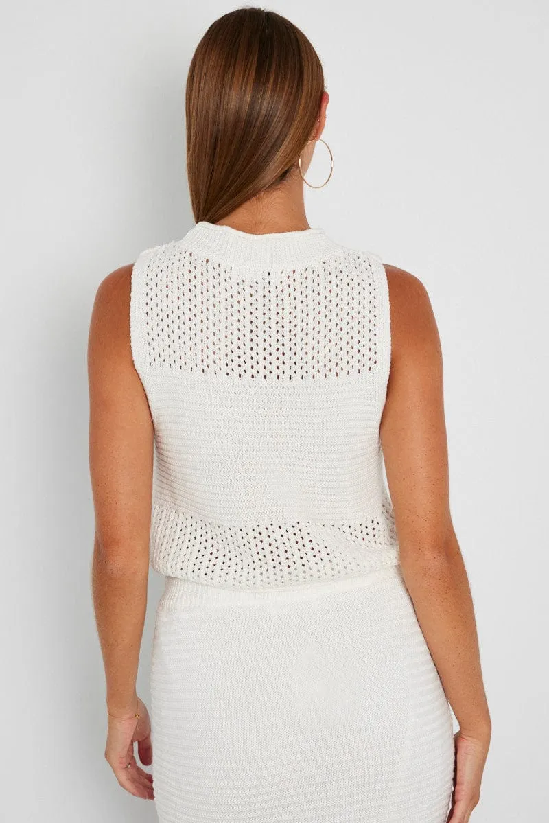 WindResistantWeave White Crochet Knit Tank Top
