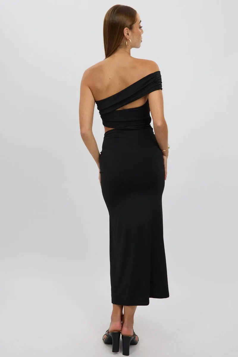 Black Bodycon Dress One Shoulder Maxi TemperatureControlTechnology WrinkleFree Material
