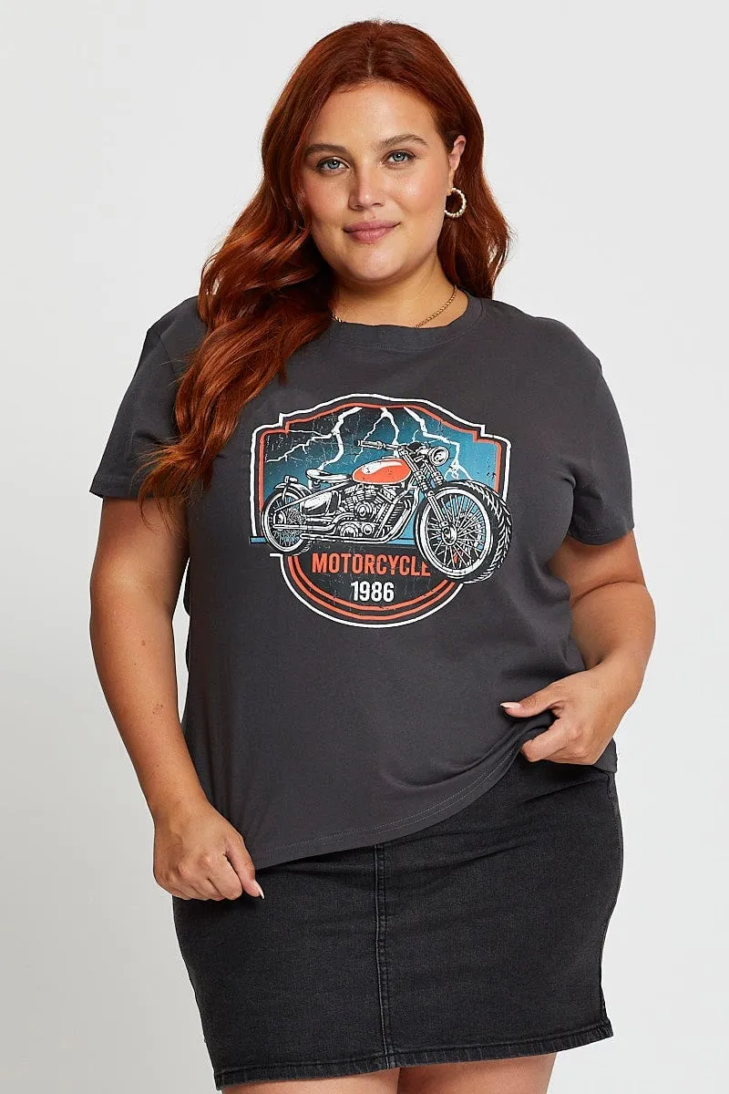 Grey Graphic T-shirt Motorcycle Short Sleeve Cotton Active Wear Unisex Fit