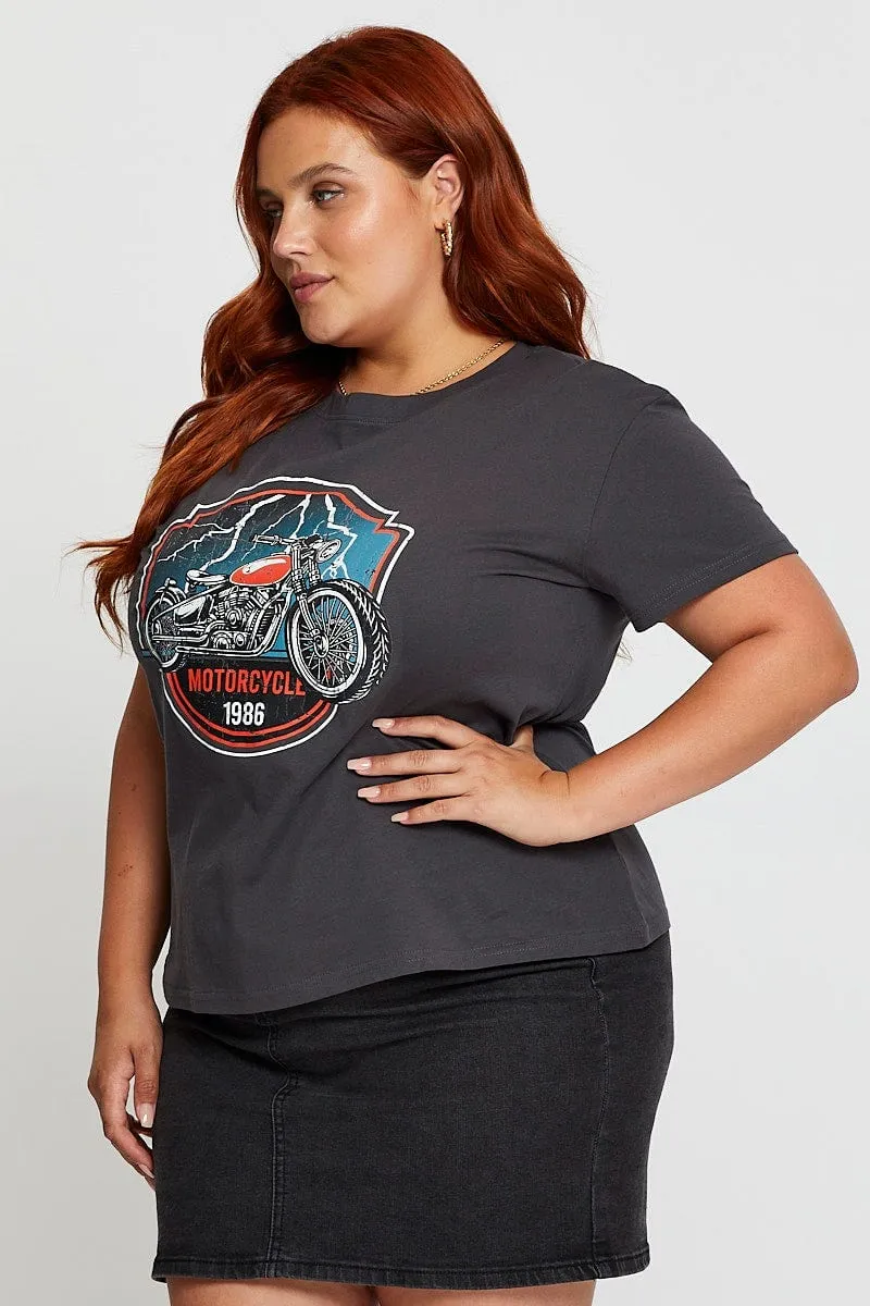 Grey Graphic T-shirt Motorcycle Short Sleeve Cotton Basic Piece Bright and Bold