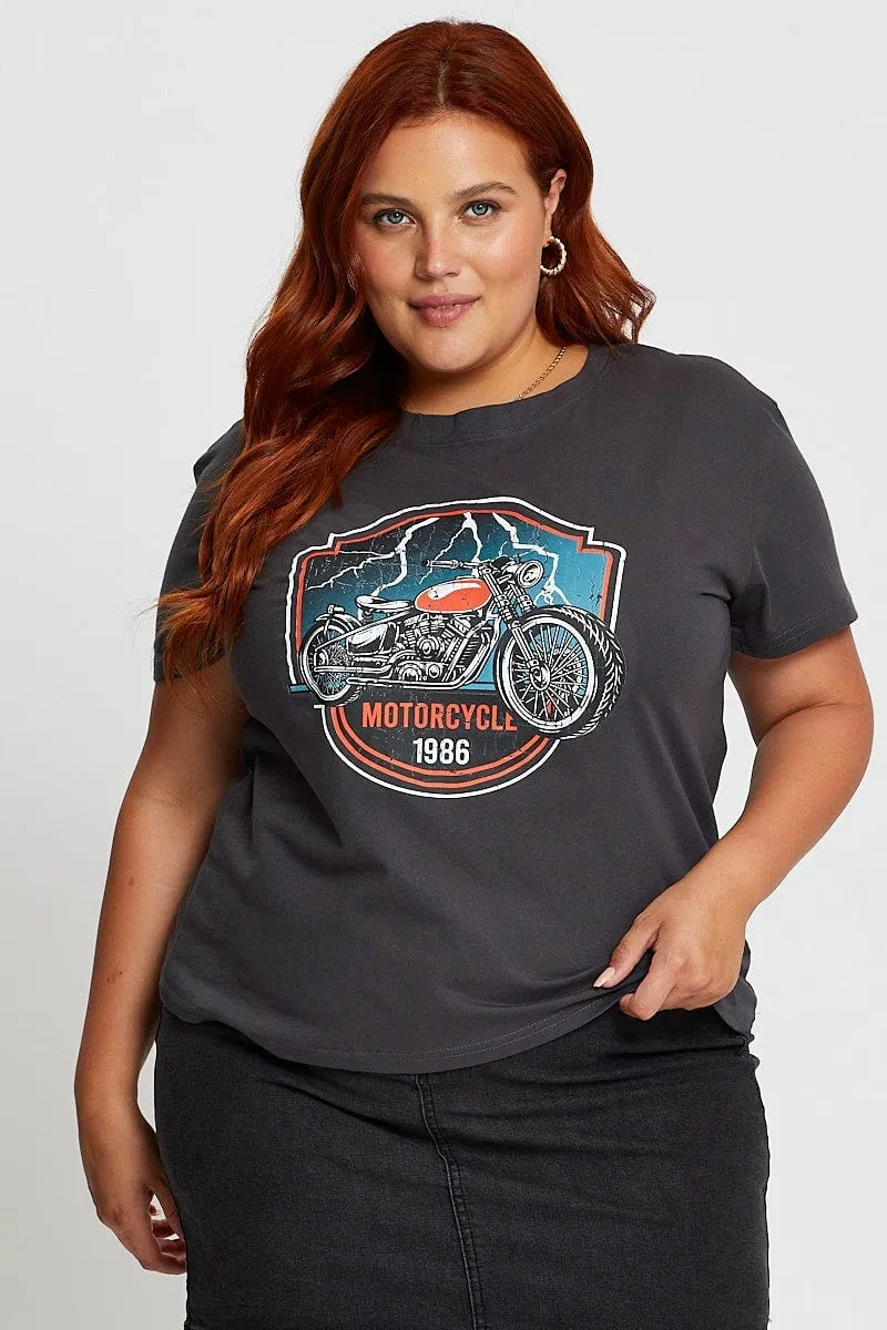 Feminine Touch Classic Layer Grey Graphic T-shirt Motorcycle Short Sleeve Cotton