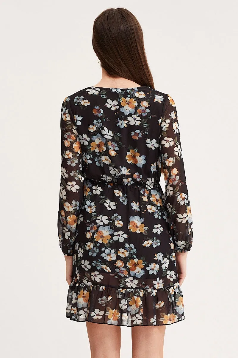 Print Mini Dress Long Sleeve V Neck Sleek fit-and-flare style