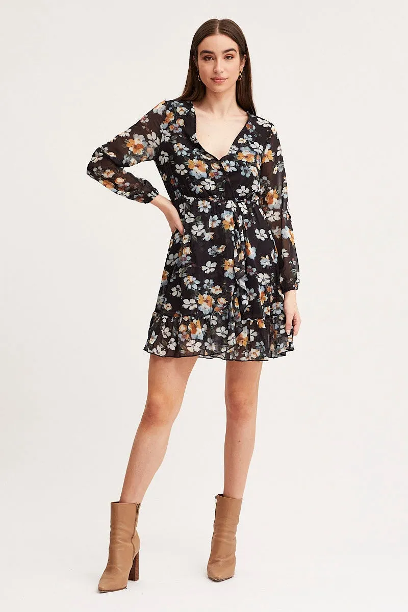 Print Mini Dress Long Sleeve V Neck Flirty Look Odor Resistant Finish