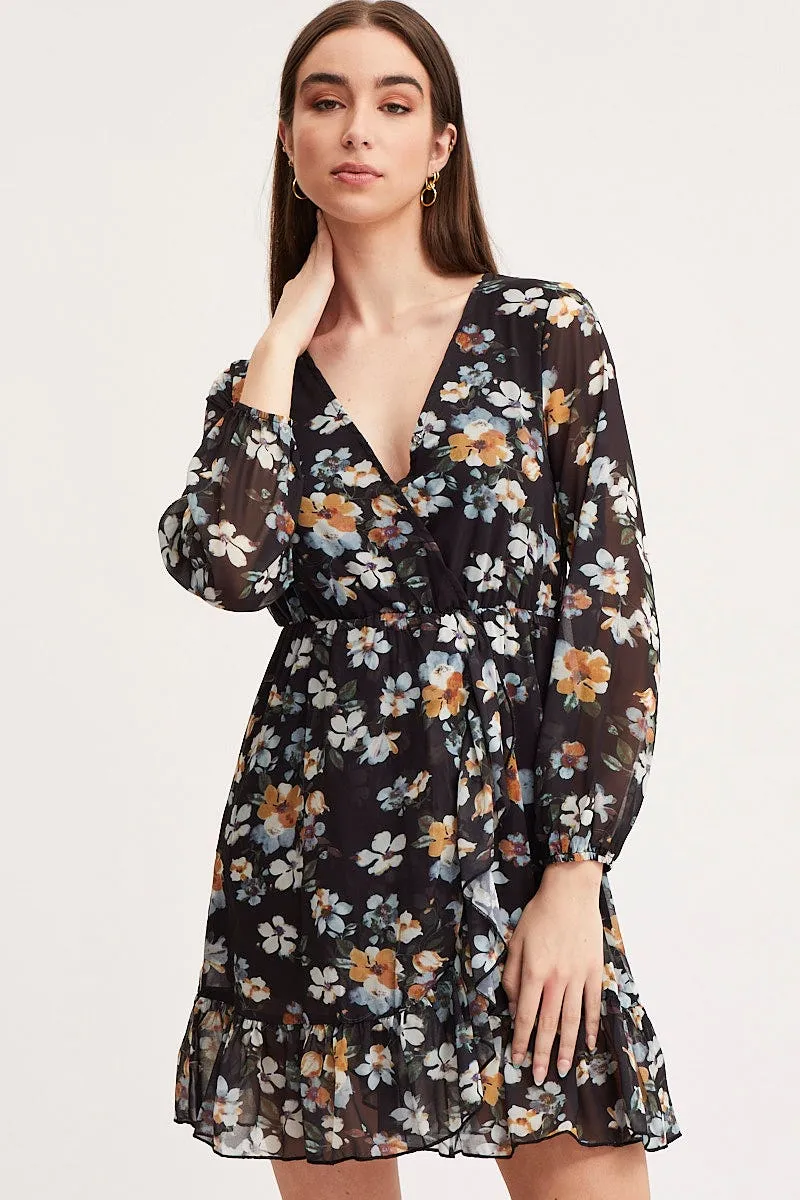 Print Mini Dress Long Sleeve V Neck Vibrant patterned mini Party Snap