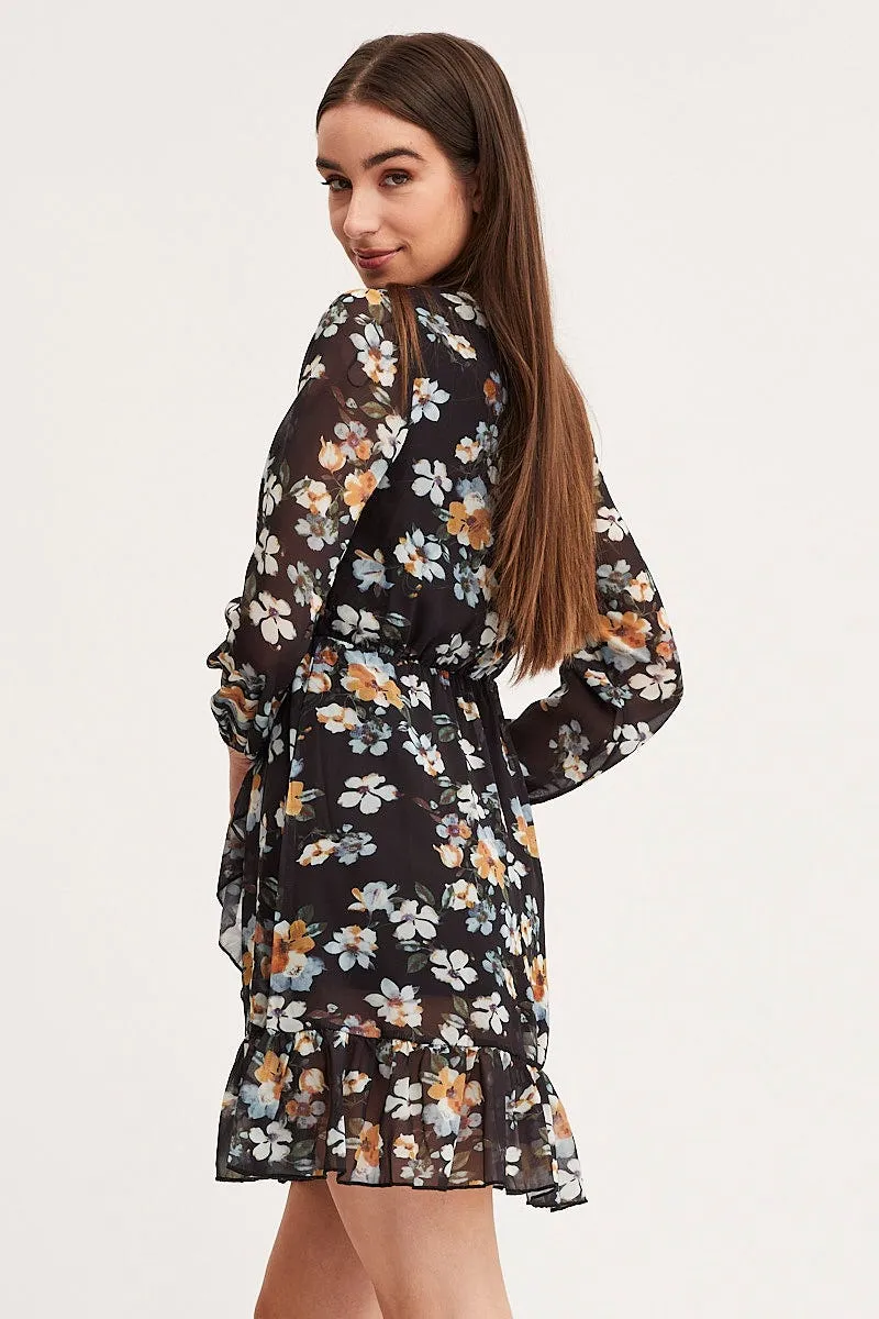 Print Mini Dress Long Sleeve V Neck High Breathability