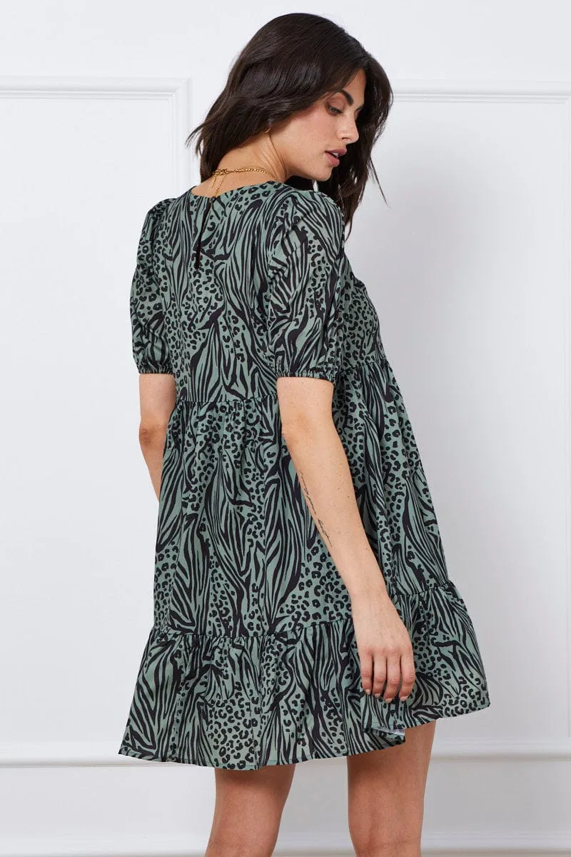 Unlined Versions Print Mini Dress Short Sleeve Round Neck