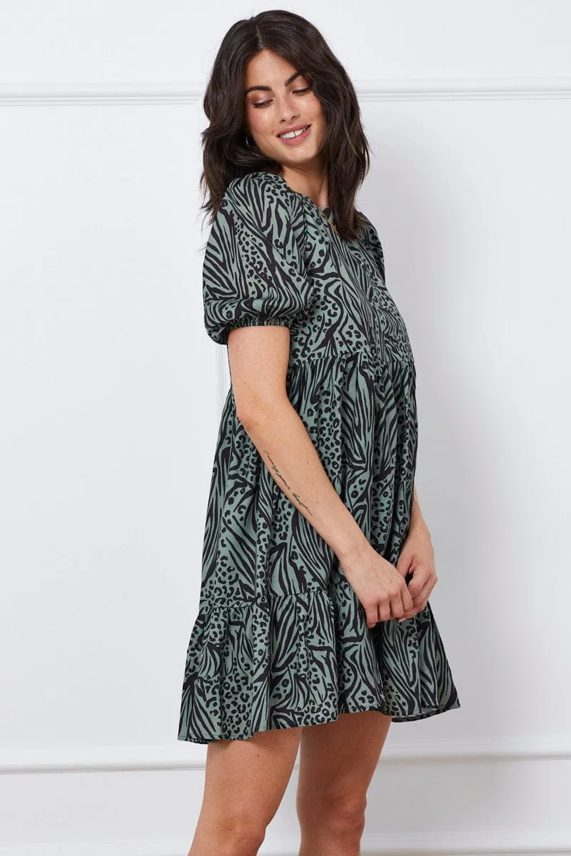 Print Mini Dress Short Sleeve Round Neck Casual Wear Urban Star