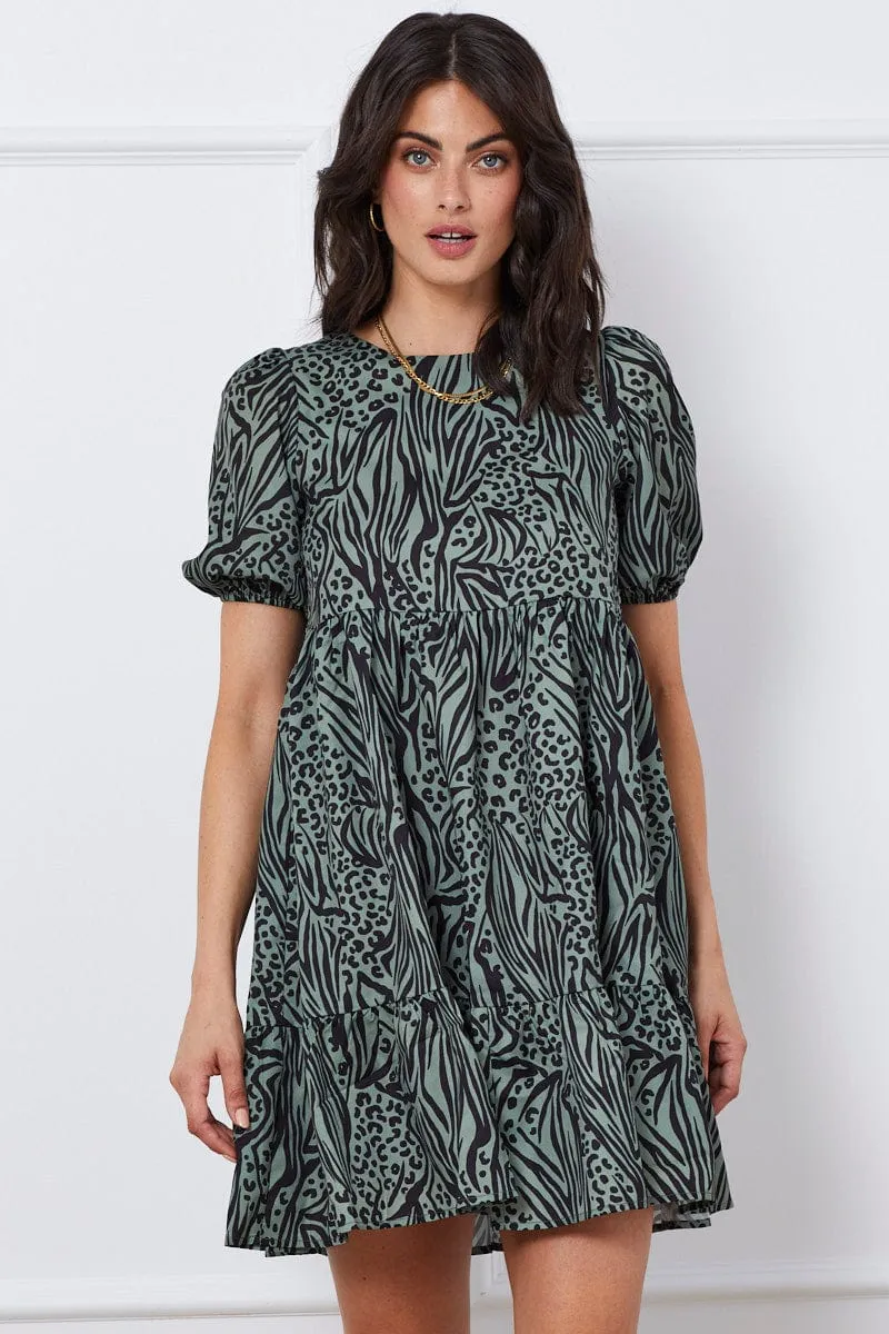 Trend Star Print Mini Dress Short Sleeve Round Neck
