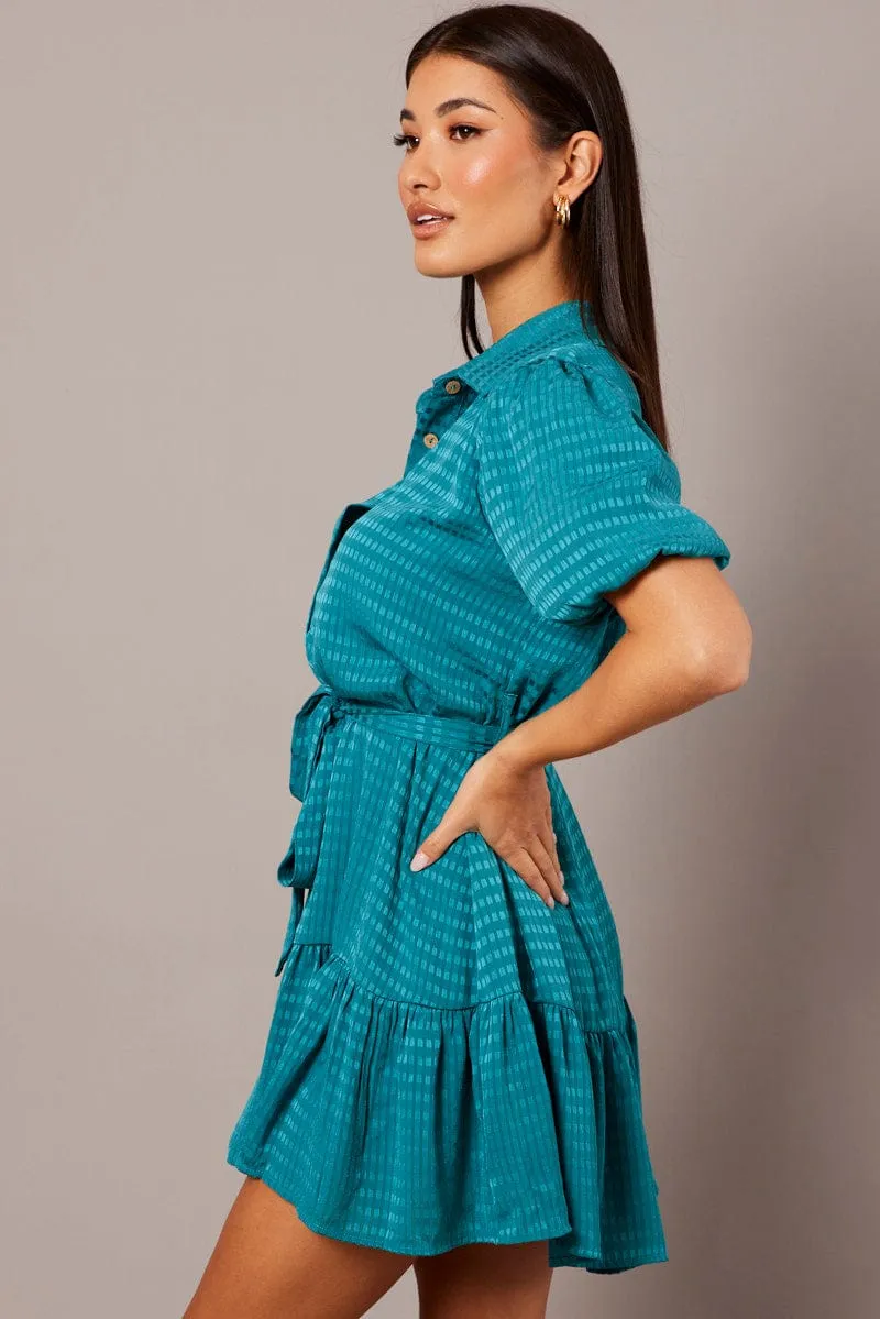 Green Fit And Flare Dress Short Sleeve Mini Flash Core AbrasionResistant Material