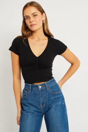 Warm Fashion Black T shirt Short Sleeve V Neck Seamless