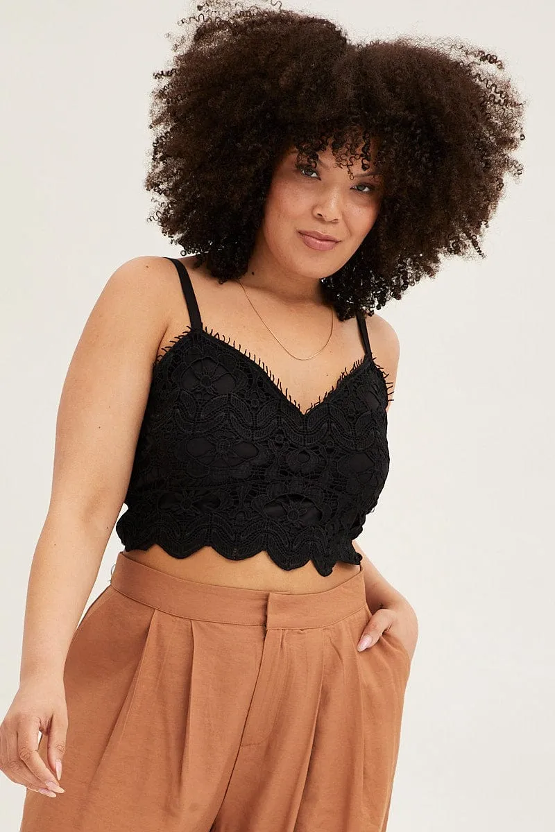 Black Crop Singlet Top Crochet Lace Laid-Back Outfit
