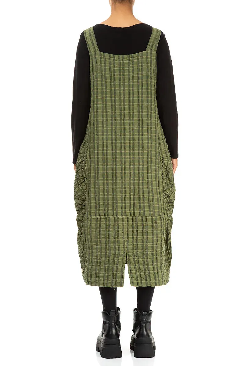 Collapsible Hood Forest Mist Checkered Linen Cotton Pinafore Dress