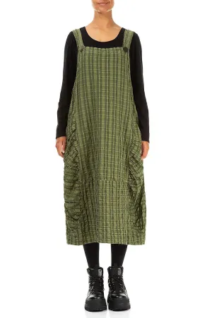 LayeredPaneling Forest Mist Checkered Linen Cotton Pinafore Dress
