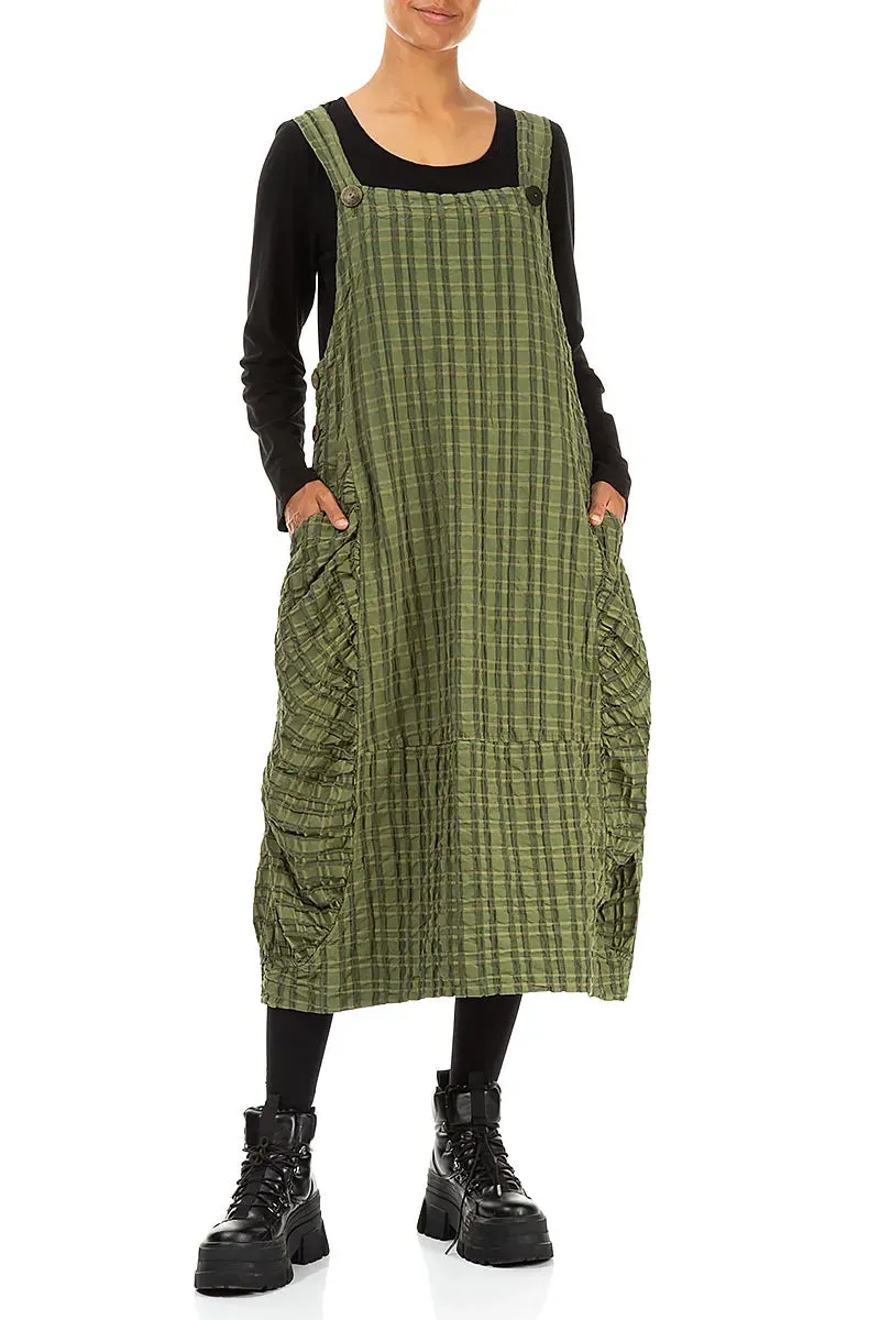 Office Glam Cozy Layer Forest Mist Checkered Linen Cotton Pinafore Dress