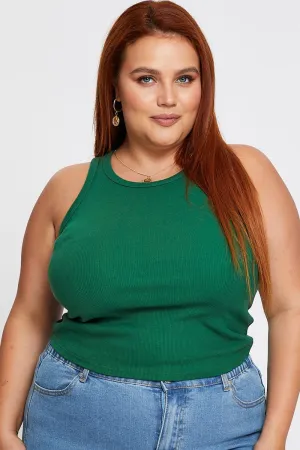 Green Sleeveless Basic Rib Tank Top Flexible Hemline