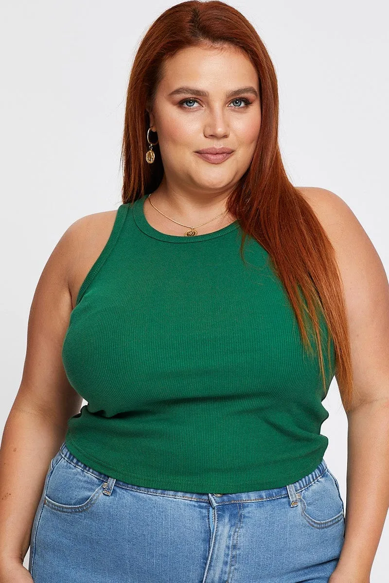 Green Sleeveless Basic Rib Tank Top Flexible Hemline