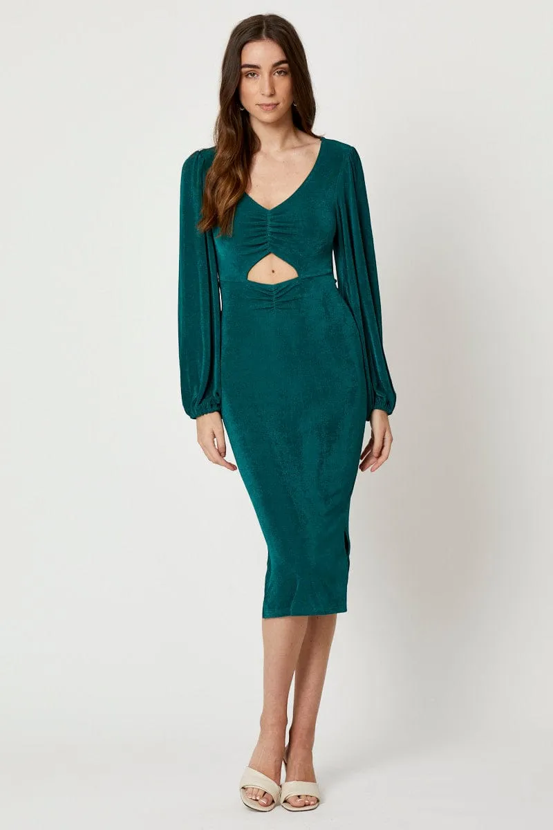 Energy Mood Ocean Fit Green Slinky Jersey Cut Out Dress
