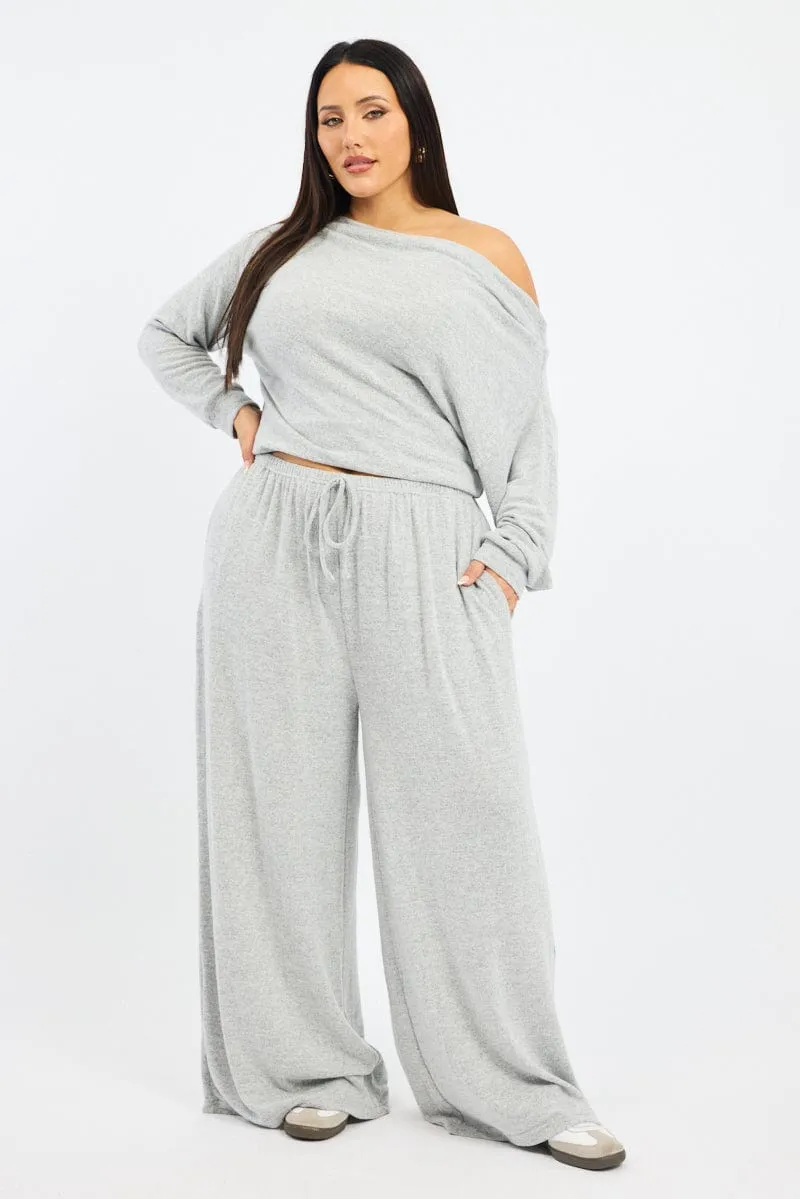 Grey Tie Waist Brushed Jersey Wide Leg Lounge Pants Structured Hemline Moisture Wicking Fabric