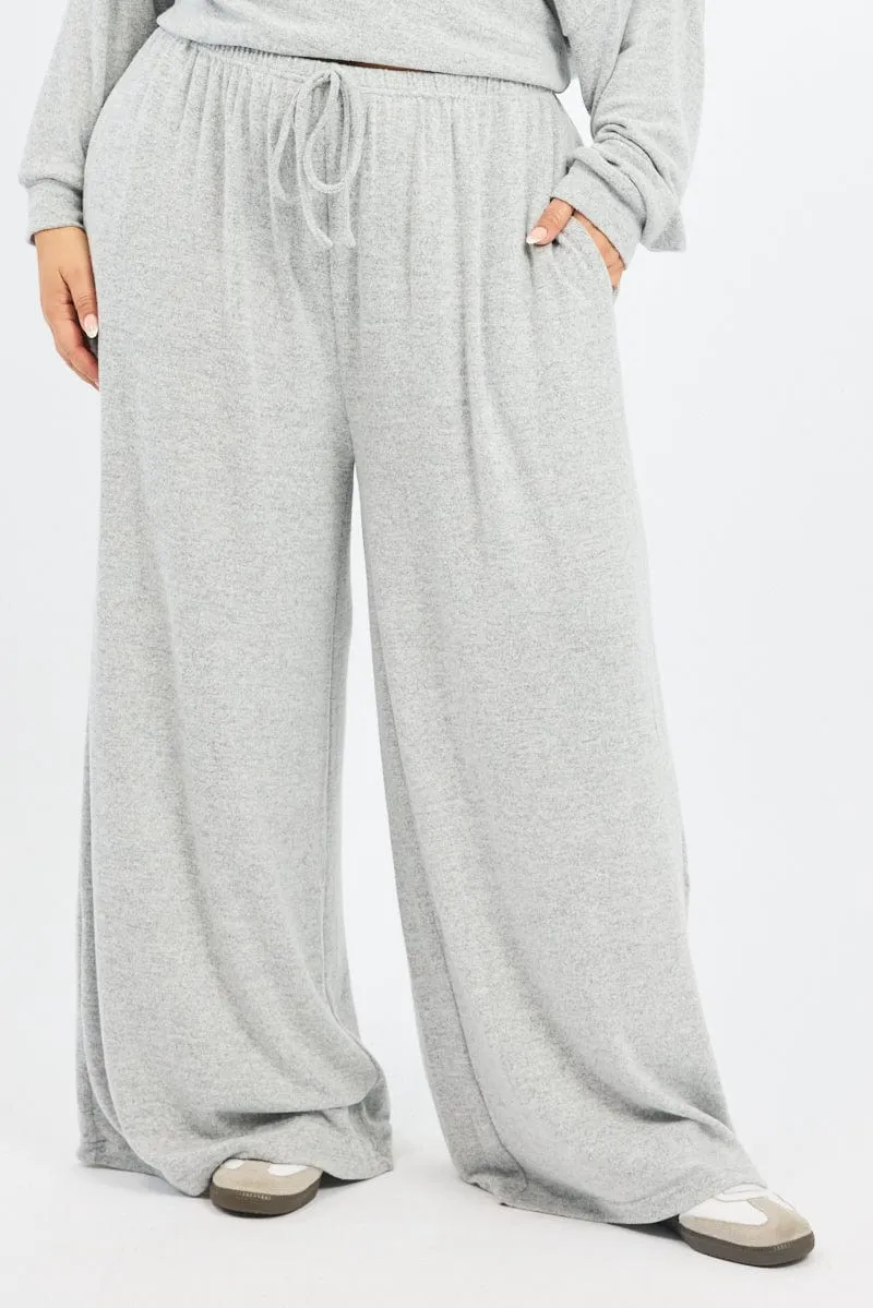 Indoor Comfort Neutral Tone Grey Tie Waist Brushed Jersey Wide Leg Lounge Pants