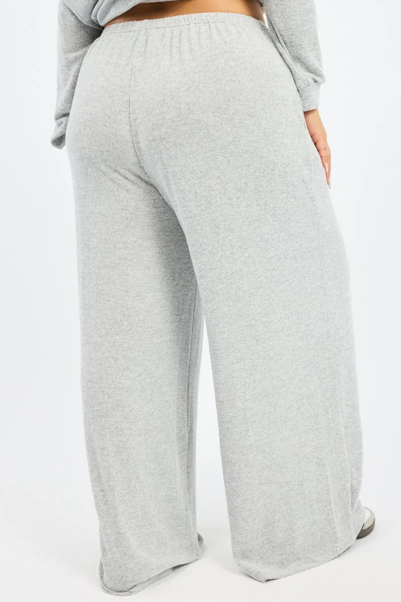 Grey Tie Waist Brushed Jersey Wide Leg Lounge Pants Comfortable Movement