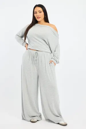 Grey Tie Waist Brushed Jersey Wide Leg Lounge Pants Structured Hemline Moisture Wicking Fabric